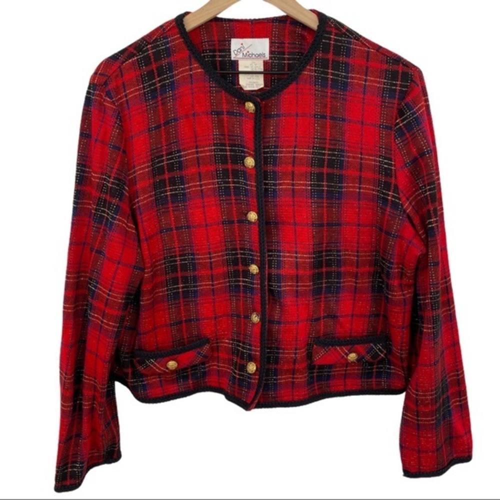 VTG Dani Michaels Red Gold Plaid Cardigan Jacket